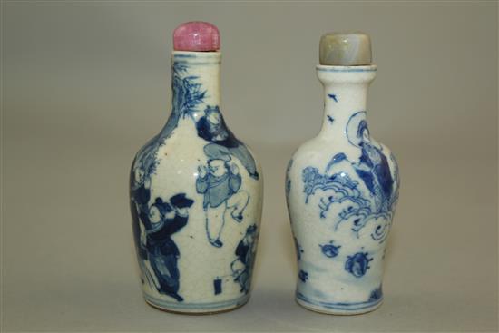 Two Chinese blue and white soft paste porcelain snuff bottles, 1820-1900, 7.5cm